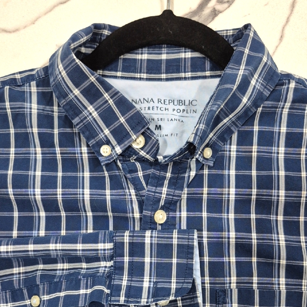 Banana Republic Slim Fit Poplin Button Down Shirt, Blue Plaid Medium